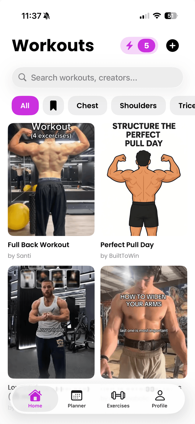 Gymdex Workouts Screen