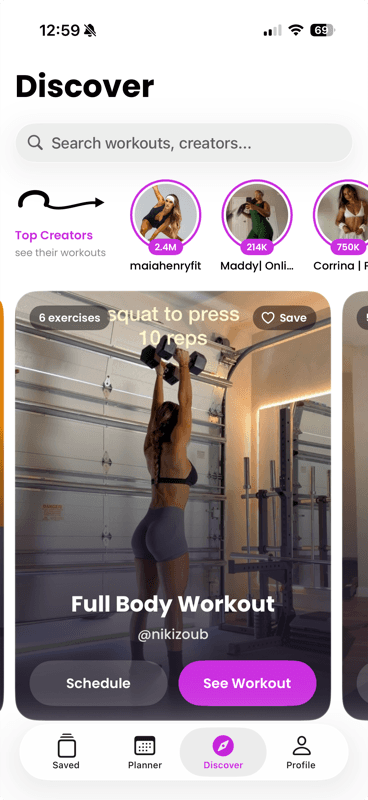 Gymdex Discover screen showing top fitness creators and their workouts