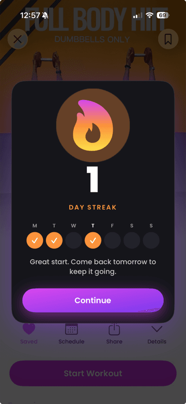 Gymdex streak screen showing training consistency